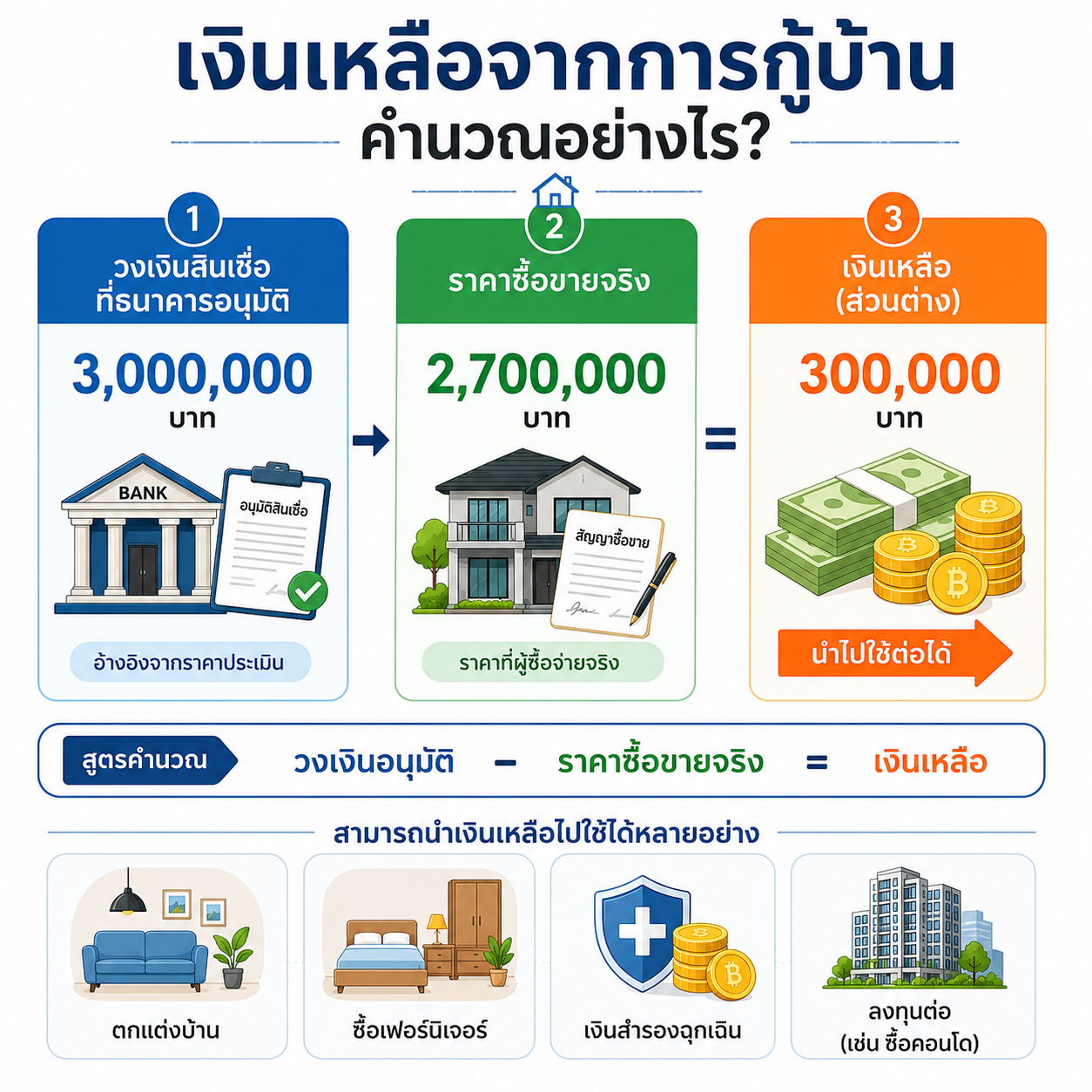 อินโฟกราฟิกอธิบายว่า เงินเหลือจากการกู้บ้าน คำนวณอย่างไร เปรียบเทียบราคาซื้อขายกับวงเงินอนุมัติ